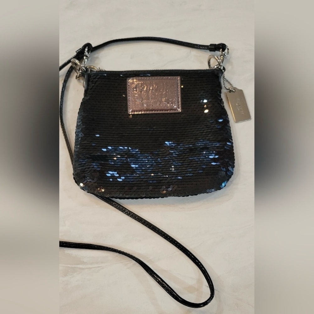 Coach Black Sequin Poppy Crossbody Bag silver metal tag collectible AUTHENTIC